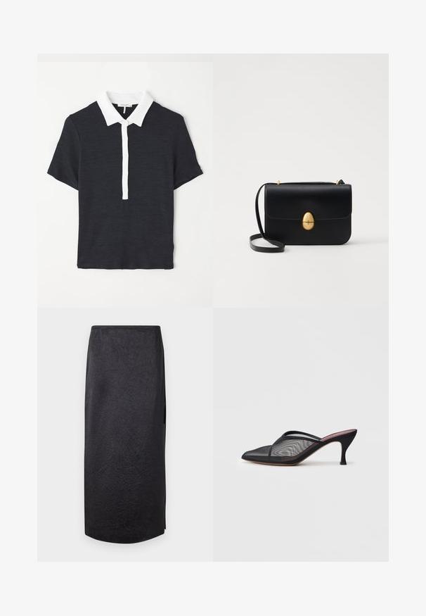Polo de manga corta en azul marino con cuello blanco, que presenta una tapeta de botones y una tela texturizada. Diseño clásico y forma ajustada.; Falda midi negra con textura arrugada, corte recto y abertura en el lateral. El material parece ligero. El dobladillo es ligeramente redondeado.; Mule de rejilla negra con punta afilada, tiras delgadas y tacón de aguja de 3 pulgadas. Presenta una textura transparente y una suela tonal sólida.; Bolso de mano de cuero negro con forma rectangular estructurada. Presenta un cierre ovalado dorado y una delgada correa para el hombro. Textura suave.