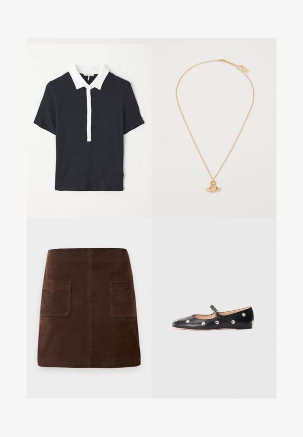 marineblaue Kurzarm-Polohemd mit weißem Kragen, ausgestattet mit einer geknöpften Blende und einem strukturierten Stoff. Klassisches Design und taillierte Form.; Brauer Wildlederrock im klassischen A-Linien-Schnitt, mit zwei vorderen Taschen mit abgerundeten Klappen und dezenten Nähten.; Schwarze Leder-Mary-Jane-Ballenflats mit runder Zehenform, ausgestattet mit silbernen runden Nieten und einem verstellbaren Riemen mit Schnalle.; Die goldene Kettenhalskette verfügt über einen herzförmigen, rosafarbenen Edelstein-Anhänger mit geometrischem Design und kleinen klaren Akzenten.