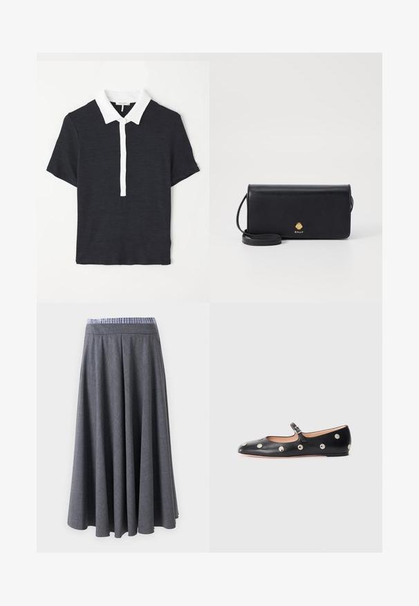 Tumesinine lühikeste varrukatega polo särk valge kraega, varustatud nööbiga liistuga ja tekstuuriga kangaga. Klassikaline disain ja istuv lõige.; Kõrge vöökohaga tumehallid laia säärtega püksid, millel on peenelt määratletud ruuduline muster ja sinivalge triibuline vöökoht, välja pandud valge tausta ees.; Must naar mustast valmistatud Mary Jane lamedad jalanõud, ümarate varvastega, hõbedaste ümmarguste nupukestega ja reguleeritava rihmaga, millel on klamber.; Mustast nahkrahakotist, millel on õhuke ristkülikuline kuju ja kuldne logo. Sisaldab eraldatavat rihma mugavaks kandmiseks.