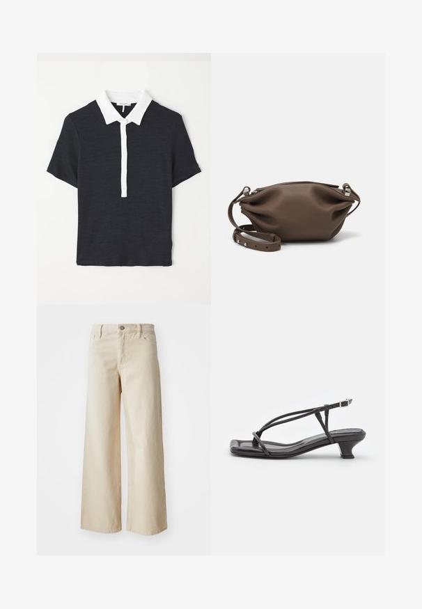 Námornícky modrá polokošieľka s krátkym rukávom a bielym golierom, vybavená zapínaním na gombíky a textúrovanou tkaninou. Klasický dizajn a priliehavý strih.; Béžové džínsy s širokými nohavicami vyrobené z denimu, so zvýšeným pásom, zapínaním na gombík, pútkami na opasok a bočnými vreckami. Hladká textúra a uvoľnený strih.; Čierne kožené sandále s tenkými remienkami, nízkym blokovým opätkom a štvorcovou špičkou. Majú pracku na uzatvorenie a hladký povrch.; Hnedá kožená kabelka s jemným, štruktúrovaným dizajnom, s horným uzatváraním na zips a nastaviteľným popruhom so striebornými kovovými akcentmi.; Strieborné perlové náušnice s zakriveným, fazuľovým tvarom. Hladký, lesklý povrch a zabezpečené s kolíkom a zadným uzáverom.