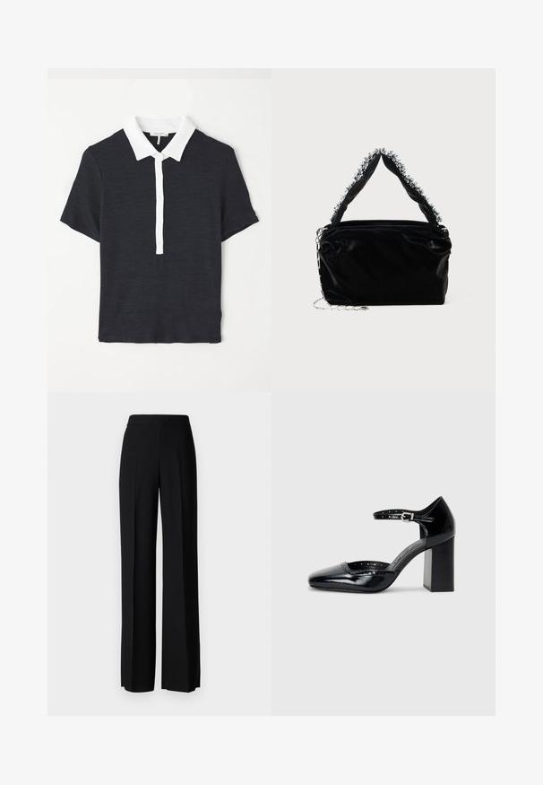 Polo-shirt bleu marine à manches courtes avec un col blanc, comportant une patte de boutonnage et un tissu texturé. Design classique et coupe ajustée.; Pantalons noirs à jambes larges avec une texture lisse, dotés d'une taille haute et de plis centraux. Pas de motifs visibles ni de détails en matériel.; Chaussures à talons hauts en cuir verni noir avec un bout carré, une bride de cheville et un talon épais. Comprend des détails perforés le long du bord.; Sac à main en simili cuir noir avec une finition texturée, doté d'un accent en perles argentées le long de la anse supérieure et d'une bandoulière en chaîne.