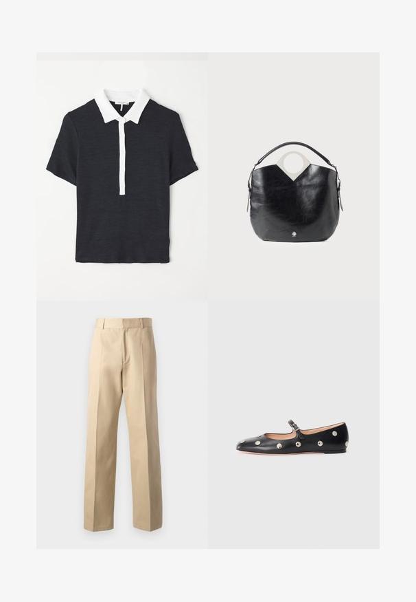Polo shirt blu navy a maniche corte con colletto bianco, caratterizzato da un bottone a placca e una trama testurizzata. Design classico e forma aderente.; Pantaloni beige su misura con design a gamba dritta, caratterizzati da una texture liscia, pieghe centrali frontali e una vita classica.; Scarpa flat nera in pelle tipo Mary Jane con punta arrotondata, caratterizzata da borchie circolari argentate e una fascia regolabile con fibbia.; Borsa in pelle nera con forma curva, manico superiore circolare e dettaglio del logo in argento. Texture liscia e caratteristica di un design con ritaglio notevole.