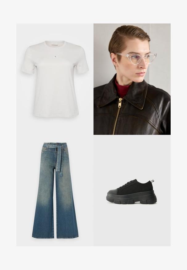 Valkoinen puuvillainen t-paita lyhyillä hihoilla, pyöreällä kaula-aukolla ja pienellä CK-logopatchilla rinnassa. Sileä kankaan pinta.; Yksiväriset farkut leveällä lahkeella, joissa on vaaleasta tummansiniseen häipyvä väri, korkea vyötärö, vyölenkit ja yhteensopiva kangasvyö. Rakennefarkkujen pinta.; Mustat urheilukengät, joissa on paksu kumipohja, teksturoitu kangasvarsi, pyöreä kärki ja nauhalukitus. Varusteena vahvistetut nauhareiät ja takana vetotanko.; Kirkas asetaldeytti kissamaiset lasit keltaisilla sävyillä, joita käyttää henkilö tummassa nahkatakissa ja punaisessa poolopaidassa. Sileä rakenne.