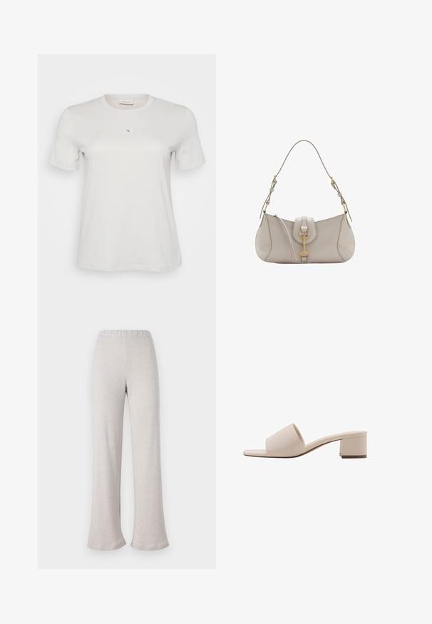 White cotton t-shirt with short sleeves, round neckline, and a small CK logo patch on the chest. Smooth fabric texture.; Light beige flared pants made from textured fabric, featuring an elastic waistband and wide leg design, suitable for casual wear.; Beige block-heeled sandal with a wide strap and open toe. Smooth material and sleek design. Short, sturdy heel for stability.; Light gray leather handbag with a curved shape, gold hardware, a front clasp, and stitched detailing. Adjustable shoulder strap included.