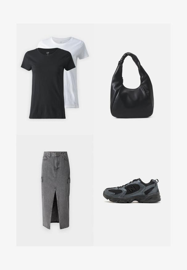 Kaksi crew-neck t-paitaa, yksi musta ja yksi valkoinen, valmistettu puuvillakankaasta. Lyhyet hihat, sileä tekstuuri ja normaali malli.; Harmaa farkkukangas midi-hame, joka tarjoaa suoran siluetin, kaksi sivutaskua ja etuhaarukan liikkumisen helpottamiseksi. Klassinen farkkutekstuuri.; Mustat ja harmaat urheilukengät, joissa on teksturoitu verkkomateriaali ylempänä, kumipohja ja tukevat ominaisuudet. Varustettu logolla ja nauhoitusjärjestelmällä.; Mustavelhainen hobo-laukku, joka on valmistettu sileästä nahkamaa-aineesta, jossa on kierrätetty kahva. Laukku on pehmeän pyöreä muoto ja siinä on vetoketjulla suljettava yläosa.