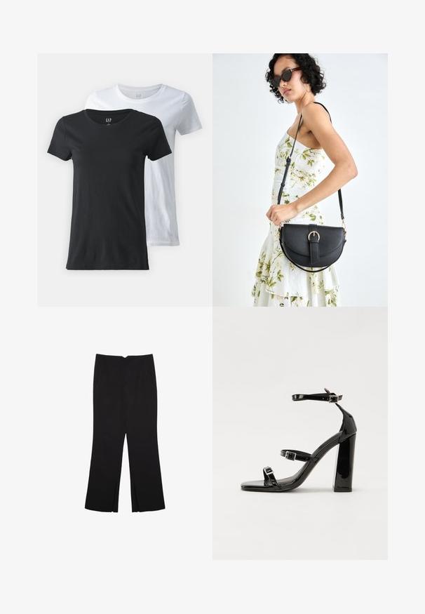 Dva majice kratkih rukava s okruglim izrezom, jedna crna i jedna bijela, izrađene od pamučne tkanine. Kratki rukavi, glatka tekstura i standardni kroj.; Crne hlače ravnog kroja, s prednjim džepovima i bočnim prorezima na rubu. Izrađene od mekog i glatkog materijala. Pogodne za razne prigode.; Crne lakirane sandale na pete sa kvadratnim nosom, trakama oko gležnja i srebrnim kopčama. Imaju čvrst blok petu za stabilnost.; Crna kožna torba s lukovitim oblikom, odvojivim remenom i zlatnim detaljima. Torba ima preklop s kopčom.