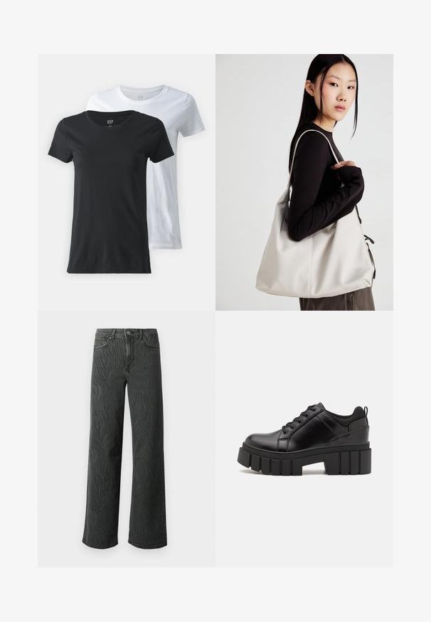 Kaks ümmarguse kaelusega T-särki, üks must ja teine valge, valmistatud puuvillast kangast. Lühikesed varrukad, sile tekstuur ja standardsed lõiked.; Laial jalgevahega teksad tumedas hallis denimis, millel on peen sablestriibuline tekstuur, kontrastne õmblemine ja viie tasku disain nupuga.; Must musta platvormsussid paksu plokkninal, ümmarguse varbaga ja traditsioonilise nööridega kinnitamisega. Sussid on sileda tekstuuriga ja minimaalsete detailidega.; Bež käekott pehme materjali, millel on lõtv disain, õmblustega detailid ja kaks õlarihma. Sobib igapäevaseks kasutamiseks.