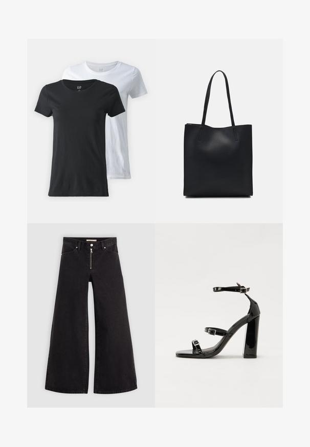 Dos camisetas de cuello redondo, una negra y una blanca, fabricadas en tela de algodón. Manga corta, textura suave y corte estándar.; Jeans de pierna ancha en denim negro con cierre frontal, diseño de cinco bolsillos y detalles de costura sutiles. Textura suave y estilo casual.; Sandalias de tacón de charol negro con punta cuadrada, correas en el tobillo y hebillas plateadas. Presentan un tacón grueso para mayor estabilidad.; Bolso tote de cuero negro con textura lisa, forma rectangular y dos asas largas. Sin herrajes ni adornos visibles.