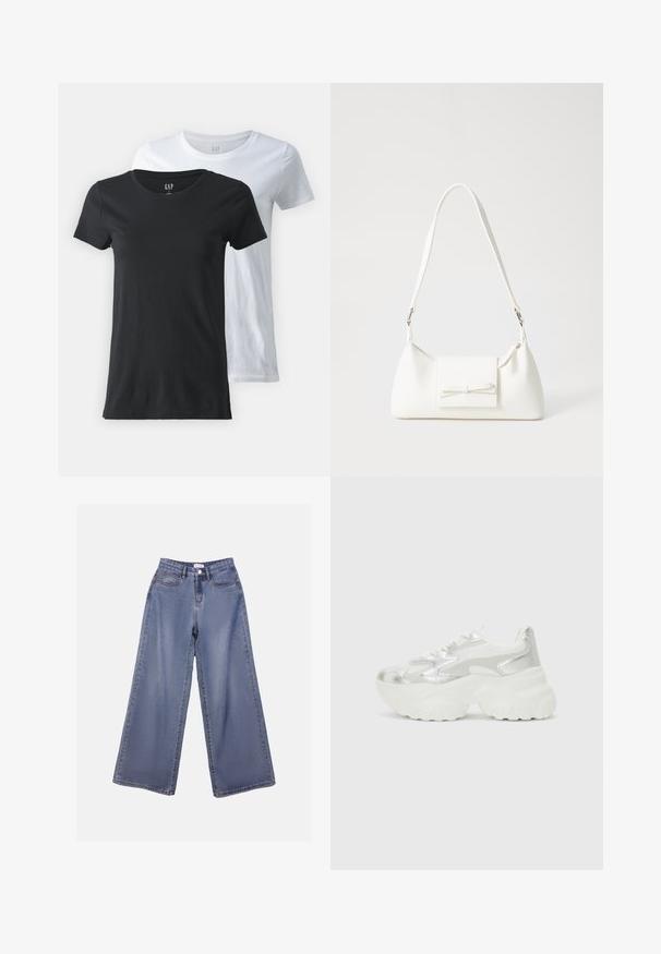 Two crew-neck t-shirts, one black and one white, made of cotton fabric. Short sleeves, smooth texture, and standard fit.; Wide-leg denim jeans in a light blue wash, featuring a high waist, front pockets, and a button closure with belt loops.; Silver sneaker with a textured mesh upper and iridescent accents, featuring a chunky white sole and lace-up closure.; White synthetic handbag with a triangular shape, flat front flap and bow detail, adjustable strap, smooth texture, and minimalistic design.