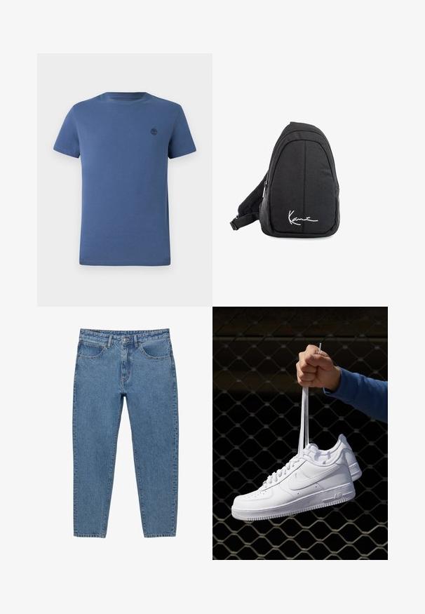 Modrá tričko s okrúhlym výstrihom vyrobené z bavlny, s krátkymi rukávmi a malým tmavým logom stromu na ľavej strane hrude.; Modré denimové džínsy so strihom rovného nohavice, piatimi vreckami a zipsom. Obsahujú viditeľné švy a vyblednutú textúru.; Biele kožené tenisky s perforáciami, okrúhlou špičkou, plochou podrážkou a hrubými šnúrkami, pričom majú viditeľné logo swoosh a nápis "AIR" na päte.; Čierny látkový vakuový batoh s hladkou textúrou, ktorý má zakrivený dizajn, zipsovú priehradku a biele logo vpredu.