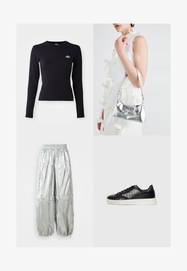 Melnas garām piedurknēm topiņš, izgatavots no viegla kokvilnas auduma, ar apaļu izgriezumu un mazu izšūtu logotipu kreisajā krūtīs.; Sudiržie cargo bikses sudabīgā pelēkā krāsā ar spīguļojošu tekstūru, elastīgu jostasvietu, savāktiem piedurkņu galiem un divām lielām priekšējām kabatām.; Melni sporta apavi ar teksturētu krokodila raksta ādas augšdaļu, noapaļotu pirkstu daļu un kontrastējošu baltu gumijas zoli ar gludu virsmu.; Sudraba metāla rokassoma ar struktūru formu, aprīkota ar augšējo rokturi un priekšpusē esošu loku. Gluda tekstūra, atstarojoša virsma.