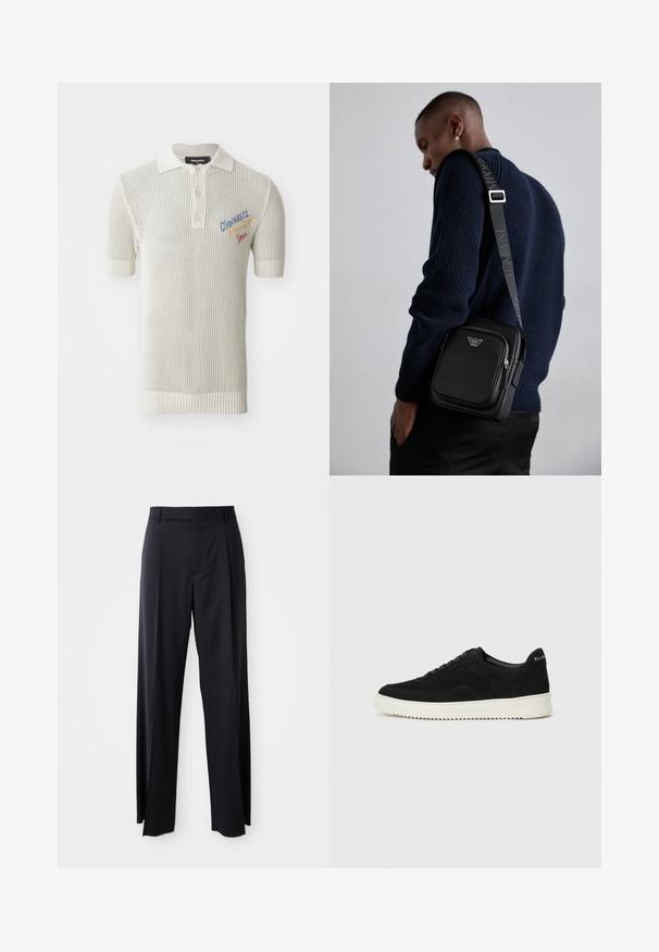 Kermanvärinen neulepolo paita lyhyillä hihoilla, jossa on ribattu kaulus, kolmen napin ykkönen ja värikkäitä brodeerattuja yksityiskohtia.; Musta, korkeavyötäröinen housupari, jossa on leveä lahje, valmistettu sileästä kankaasta. Edessä on laskokset ja vyölenkit. Minimalistinen muotoilu, ei näkyvää metalliosaa.; Mustat mokkakengät nauhoilla ja kontrastivalkoisella kumipohjalla. Varustettu teksturoiduilla sivupaneeleilla ja huomaamattomalla brändäyksellä kantapäässä.; Mustat nahkainen olkalaukku, jossa on vetoketjullinen osasto, logoyksityiskohta ja brändätty säädettävä hihna. Päällä teksturoitu tummansininen villapaita.