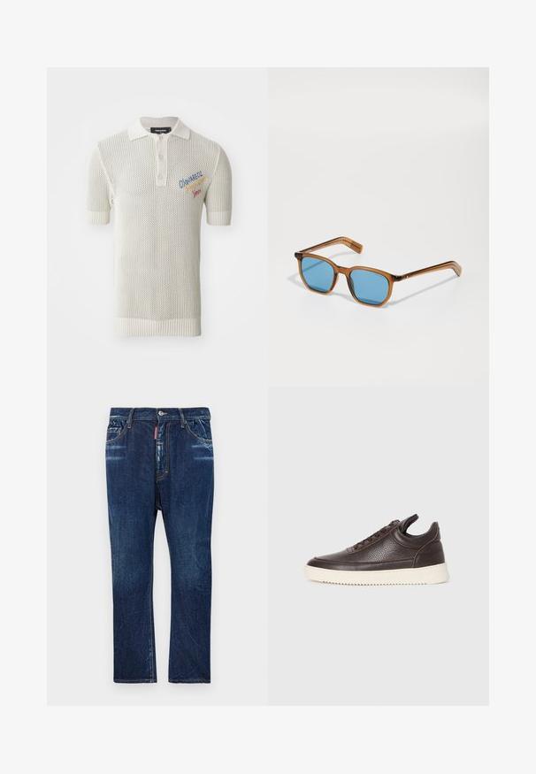 Krémová pletená polokošele s krátkymi rukávmi, s rebrovaným golierom, zapínaním na tri gombíky a farebnými vyšitými detailmi.; Tmavomodré denimové džínsy s rovnym strihom, ktoré sa vyznačujú svetlým vyblednutím, žltým prešívaním, prednými vreckami a zapínaním na gombík.; Tmavohnedá textúrovaná kožená teniska s šnurovaním a bielou zvrškovou gumovou podrážkou na jednoduchom svetlom pozadí.; Hnedé slnečné okuliare z plastu so modrými sklami, štvorec, tenké ramená, textúrované akcenty na spánkoch a lesklý povrch.