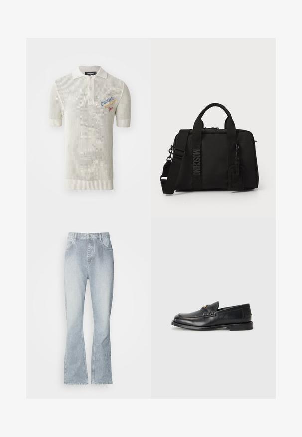 Polo shirt en tricot couleur crème avec des manches courtes, doté d'un col côtelé, d'une fermeture à trois boutons et de détails brodés colorés.; Jean rayé bleu clair avec une coupe à jambes larges, dotés d'une fermeture à bouton, de poches avant et d'un léger dégradé à l'ourlet.; Des mocassins en cuir noir présentent un bout arrondi, des détails cousus et un petit accent doré à l'avant. La semelle est plate et discrète.; Sac en textile noir avec double poignées et bandoulière amovible. Présente un logo en relief et une étiquette en cuir. Texture lisse, forme rectangulaire.
