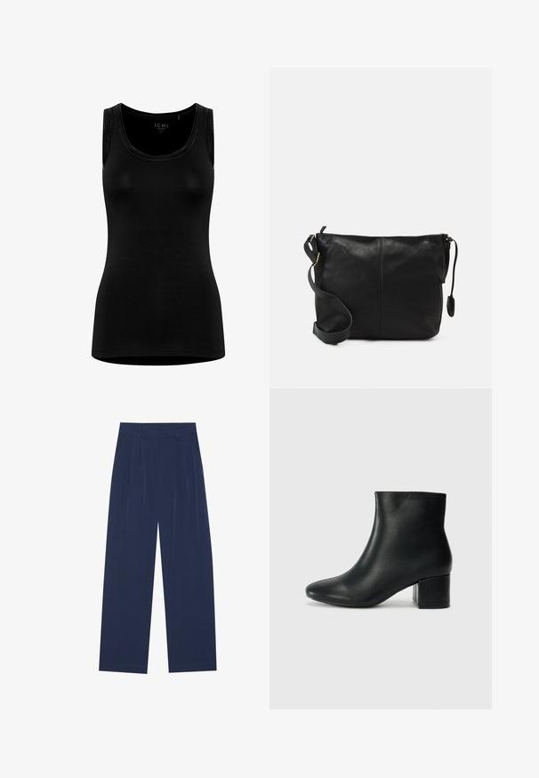 Zwarte mouwloze tanktop gemaakt van zachte, rekbare stof. Kenmerken een ronde halslijn en een minimalistisch ontwerp zonder zichtbare branding.; Navyblauwe wijde broek van zachte stof, voorzien van voorplooien, een gladde textuur en een rechte pasvorm zonder zichtbare zakken.; Zwarte leren enkellaarzen met een spitse neus en een chunky hak. Gladde textuur met minimale accenten en een slank, strakk ontwerp.; Zwarte leren schoudertas met een platte vorm, gouden hardware-accenten en een verstelbare schouderband. Gladde textuur met minimale stikdetails.