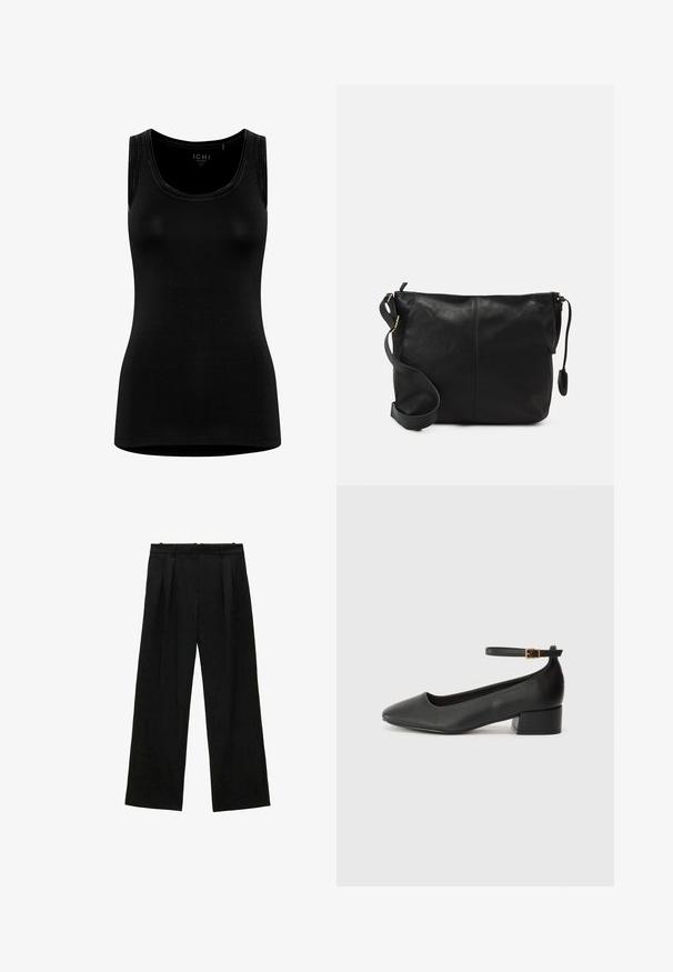 Top girocollo nero senza maniche realizzato in un tessuto morbido e elastico. Presenta un design minimalista senza marchi visibili.; Pantaloni neri a gamba larga con pieghe, caratterizzati da una texture liscia e un design a vita alta. Stile minimalista, senza hardware o decorazioni visibili.; Pump in pelle nera con punta affusolata e tacco basso a blocco. Presenta una cinghia alla caviglia con una fibbia in tonalità oro. Texture liscia.; Borsa a tracolla in pelle nera con forma piatta, dettagli in metallo dorato e tracolla regolabile. Texture liscia con dettagli di cucitura minimi.