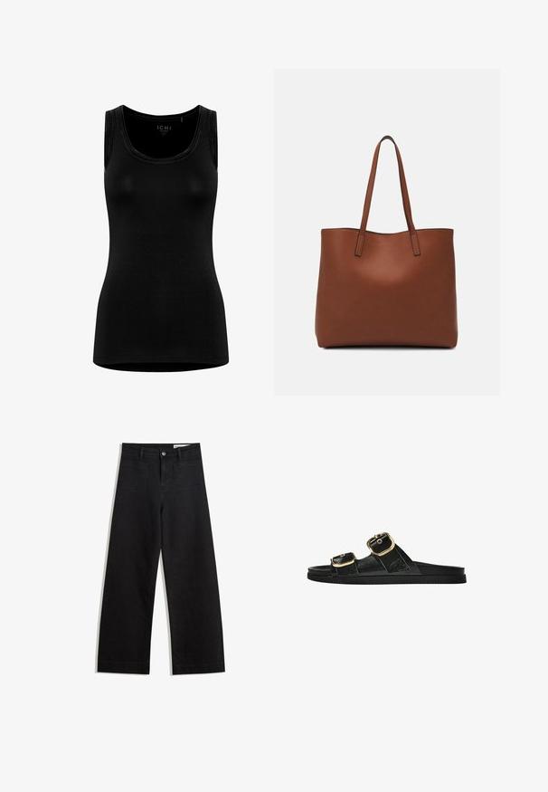 Črna brezrokavnik iz mehkega, elastičnega materiala. Ima okroglo ovratnico in minimalističen dizajn brez vidnih blagovnih oznak.; Črne široke denim hlače z visokim pasom, ki imajo sprednje in zadnje žepe, šivane šive ter gumbasto zapiranje. Gladka tekstura.; Črne drsne sandale z dvema zlatima zaponkama, gladkega materiala, ravnim podplatom in minimalističnim dizajnom.; Rjava usnjena torba z gladko teksturo, odprto zasnovo zgoraj in dvema naramnima trakovoma. Opremljena je z minimalnim šivanjem in brez vidnih kovinskih delov.