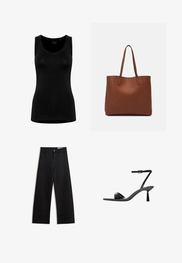 Musta, hihaton toppi, joka on valmistettu pehmeästä ja joustavasta kankaasta. Siinä on pyöreä kaula-aukko ja minimalistinen muotoilu ilman näkyvää brändäystä.; Mustat leveät farkut korkealla vyötäröllä, joissa on etu- ja takataskut, ommellut saumat ja nappisuljenta. Silkinoinen rakenne.; Bershka Korolliset sandaalit - black; Ruskea nahkainen olkalaukku, jossa on sileä pinta, avoin yläosa ja kaksi olkahihnaa. Omaavat vain minimaalisen ompelun eikä näkyvää metalliosaa.