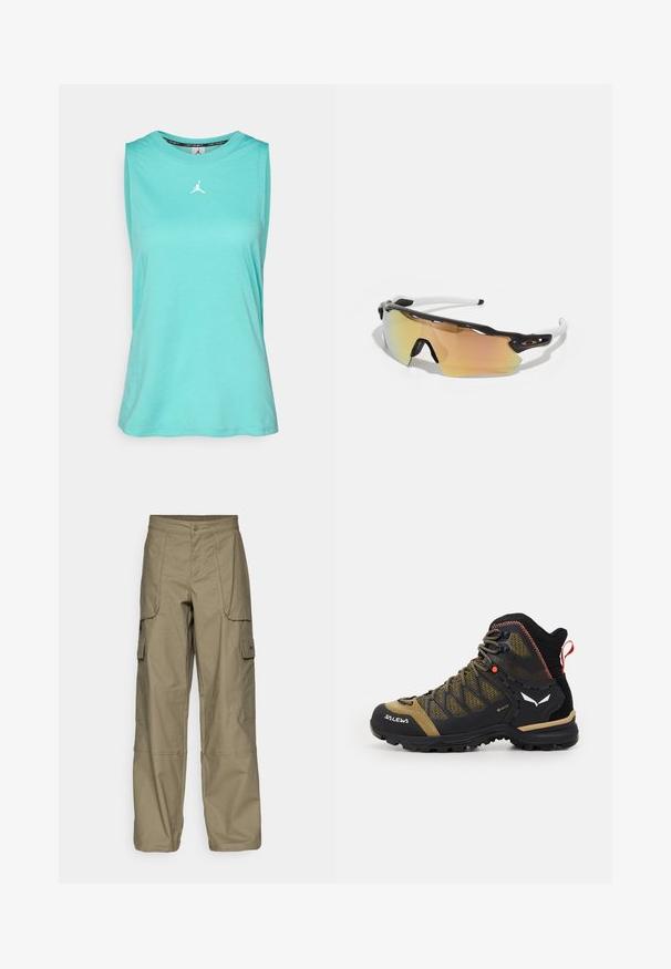 En ärmlös, turkos tanktopp i mjuk tyg med en rund halsringning och en vit logotyp centrerad på bröstet.; Cargo byxor i olivgrön tyg, med en lös passform, flera sidofickor och en knappstängning i midjan. Slät textur.; Mellanhöjd vandringssko i svart och olivgrön, med ovandel i lättviktigt nätmaterial, gummisula och texturerade detaljer samt en draglapp baktill.; Solglasögon med en svart och vit ram, stora spegelglas med gyllene och rosa nyanser, aerodynamisk design och en förlängd ytterkant.