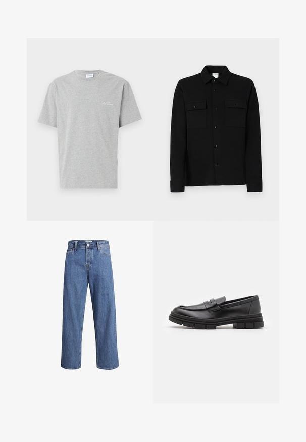 Grå bomulls T-shirt med rund hals och korta ärmar, med subtilt broderad text på bröstet och sidoflikdetalj.; Svart skjorta med knappar, tillverkad av ett slätt tyg, som har två bröstfickor, en krage med spets och knäppningar vid ärmsluten. Enkelt mönster med minimal detaljer.; Ljusblå denimjeans med rak bendesign, hög midja och minimala sömnadsdetaljer. Tyget har en mjuk, något urvaskad textur.; Svarta läderloafers med en slät finish, med en framrem och en chunky gummisula med spåriga detaljer.