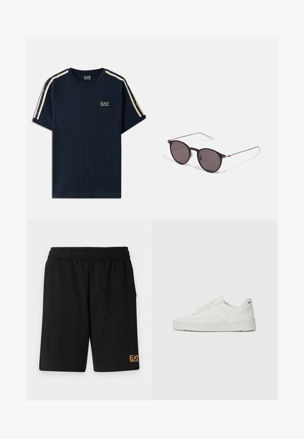 Tmavě modré bavlněné tričko s kulatým výstřihem, krátkými rukávy a bílými pruhy na ramenou s malým logem na hrudi.; Černé sportovní šortky vyrobené z měkké látky, s elastickým pasem a malým žlutým logem EA7 na dolní části levé nohy.; Bílé kožené tenisky s hladkým povrchem, kulatou špičkou, plochými tkaničkami a texturovanou podrážkou. Na patě se nachází nenápadné logo.; Černé kulaté sluneční brýle s tmavými skly a tenkými kovovými nohami. Obsahují průhledné koncovky nožiček a stříbrné akcenty na pantu. Minimalistický design.