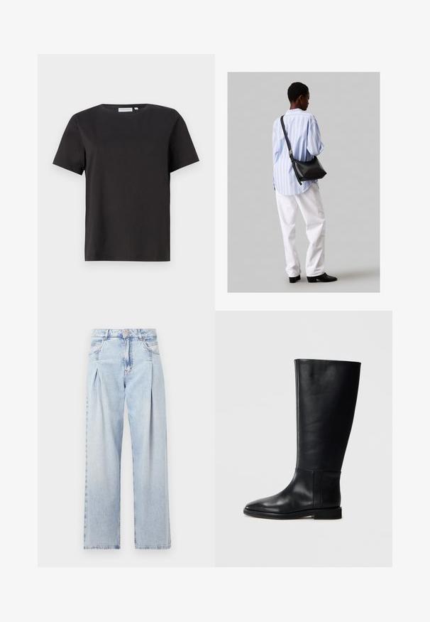 Fekete pamut póló rövid ujjakkal, kerek nyakkivágással és egyszerű, letisztult dizájnnal. Nincsenek látható minták vagy díszítések.; Világoskék farmernadrág magas derekú, bő szabású, két oldalsó zsebbel és pliszírozott dizájnnal. Puha tapintású, elhalványított felület.; Fekete bőrből készült, térd fölé érő csizma, lekerekített orral, sima felülettel, minimalista dizájnnal és lapos talppal. Egyszerű varrási részletek a szárán.; Fekete bőr válltáska puha tapintással, háromszög alakú, állítható pánttal, világoskék csíkos inggel és fehér nadrággal párosítva.
