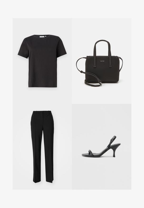 Maglietta nera in cotone a maniche corte, con scollatura a girocollo e un design semplice e pulito. Nessun motivo o decorazione visibile.; Pantaloni neri su misura con un design a gamba dritta, caratterizzati da una texture liscia e pieghe ben definite sul davanti. Senza hardware visibile.; Sandali con tacco alto in pelle nera, con tacco sottile e curvo e design a fascia incrociata. Cinghia alla caviglia regolabile. Texture liscia.; Borsa nera con doppi manici corti e tracolla removibile. Materiale simile alla pelle liscia con chiusura a zip e dettaglio del logo.