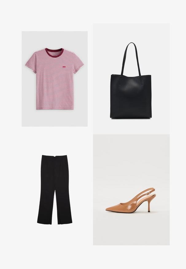 Rdeče in bele črtaste majice s kratkimi rokavi, vinsko rdečim okroglim ovratnikom in majhno rdečo etiketo Levi's na levi strani. Iz bombažnega materiala.; Črne hlače ravnega kroja z naglavnimi žepi in stranskimi razporki na robu. Narejene iz mehke, gladke tkanine. Primerne za različne priložnosti.; Slinčaste pete z ostro konico v gladkem, sijočem bež materialu. Imajo ukrivljen rez in vitko stiletto peto. Podrobnost s srebrno zaponko.; Črna usnjena torba s svilnato teksturo, pravokotne oblike in dvema dolgima ročajema. Brez vidnih metalnih delov ali okrasnih elementov.