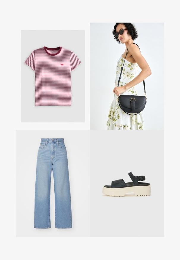 Red and white striped T-shirt with short sleeves, a maroon crew neck, and a small red Levi's logo tag on the left side. Cotton material.; Light blue high-waist wide-leg jeans with front button and zip closure, front and back pockets, on a white background.; Black suede platform sandals with a chunky white sole, wide front strap, and adjustable ankle buckle. Textured outsole for grip.; Black leather handbag with a curved shape, detachable strap, and gold hardware. The bag features a flap with a buckle detail.