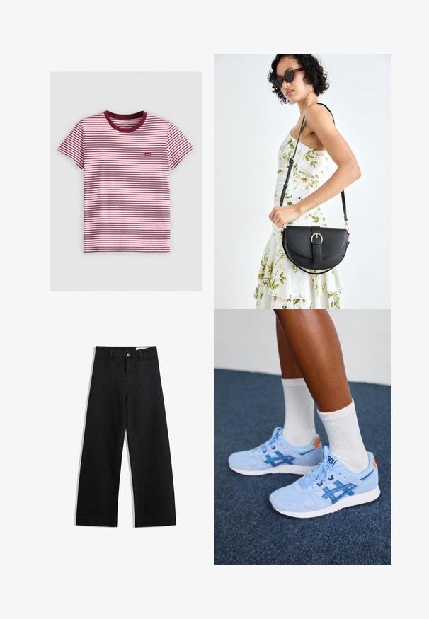 Tricou cu dungi roșii și albe, cu mâneci scurte, guler rotund în nuanță de vișiniu și un mic eticheta roșie Levi's pe partea stângă. Material din bumbac.; Pantaloni din denim negri cu picioare largi, cu talie înaltă, având buzunare frontale și posterioare, cusături dublate și închidere cu nasture. Textură netedă.; Picioare purtând teniși Asics de culoare albastru deschis cu tălpi albe și șosete albe, stând pe un covor întunecat.; Geantă din piele neagră, cu o formă curbată, curea detașabilă și accesorii aurii. Geanta are un capac cu un detaliu tip cataramă.