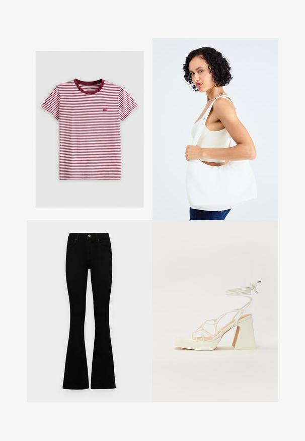 Red and white striped T-shirt with short sleeves, a maroon crew neck, and a small red Levi's logo tag on the left side. Cotton material.; Black high-waist jeans with a button and zip closure, front pockets, and flared legs laid flat on a white background.; White high-heeled sandal with a chunky heel, featuring a strappy design and ankle tie. Smooth texture with a platform front for added height.; White shoulder bag made of smooth material, featuring an oval cutout and wide strap design. Simple and modern with no visible hardware.