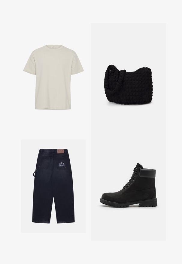 Helles beige T-Shirt mit kurzen Ärmeln aus weichem Stoff. Rundhalsausschnitt, lockere Passform, mit schlichtem Design und ohne sichtbare Muster oder Akzente.; Dunkelblaue Jeanshose mit lockerer Passform. Verfügt über zwei Gesäßtaschen, ein Lederpatch mit Logo und ein Fünf-Sterne-Design auf einer Tasche.; Schwarze geschnürte Knöchelboots mit gepolstertem Kragen und robustem Profil, im Profil vor einem weißen Hintergrund dargestellt.; Schwarze Stofftasche mit einer strukturierten, gesteppten Oberfläche. Abgerundete Form, kurze, dicke Griffe und eine weiche, flexible Struktur.