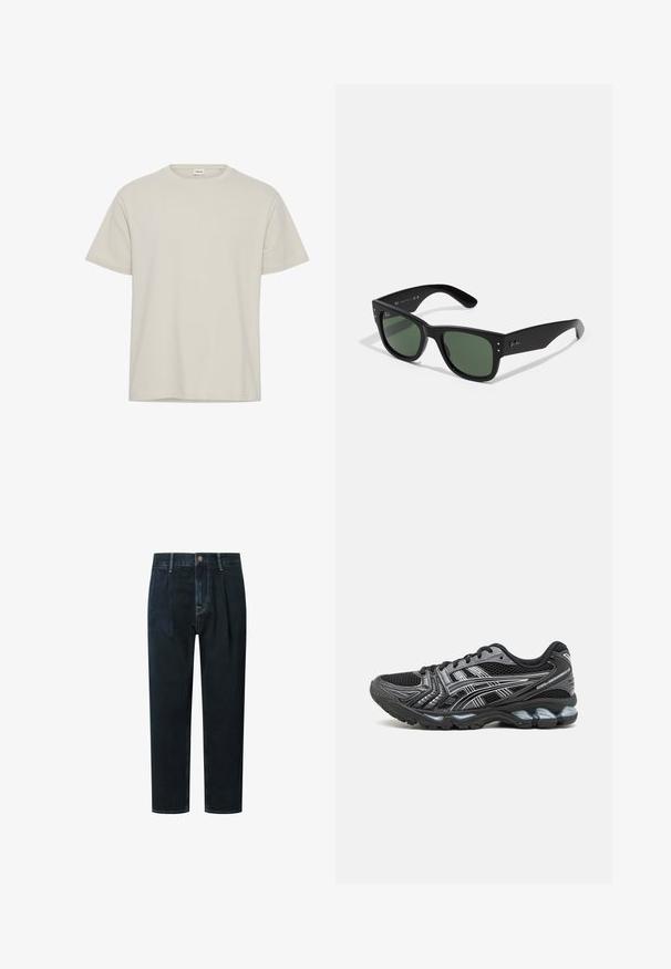 Helles beige T-Shirt mit kurzen Ärmeln aus weichem Stoff. Rundhalsausschnitt, lockere Passform, mit schlichtem Design und ohne sichtbare Muster oder Akzente.; Dunkelblaue Denim-Hosen mit lockerer Passform, hoher Taille, Falten, Frontknopfverschluss und goldfarbener Kontrastnaht.; Schwarze Sportschuhe mit Mesh-Obermaterial, silbernen Akzenten und gepolsterter Sohle. Verfügt über ein Schnürdesign und ein strukturiertes Profil für besseren Halt.; Schwarze rechteckige Sonnenbrille mit grünen Gläsern, matte Oberfläche, dezente Hardware-Akzente und eingeprägtes Logo am Schläfenbereich.