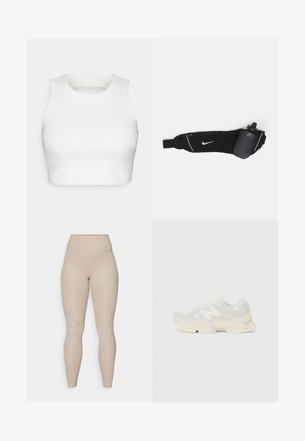 Weißes ärmelloses Crop-Top aus glattem Stoff, mit rundem Halsausschnitt und offenem Rücken-Design, mit sauberen Nähten entlang der Kanten.; Beige, hochtaillierte Leggings mit gerippter Textur, die über einen glatten Bund und enganliegende Beine verfügen, ausgelegt für Komfort und Flexibilität.; Leichte Sneaker mit einem Obermaterial aus Mesh und Wildleder in sanften Cremetönen, einer dicken Sohle und dreidimensionalen Akzenten.; Schwarzer Wasserflaschen-Gürtel mit verstellbarem Riemen, ausgestattet mit einem weißen Nike-Logo, einem grauen Wasserflaschenhalter und weißen Akzentstichen.
