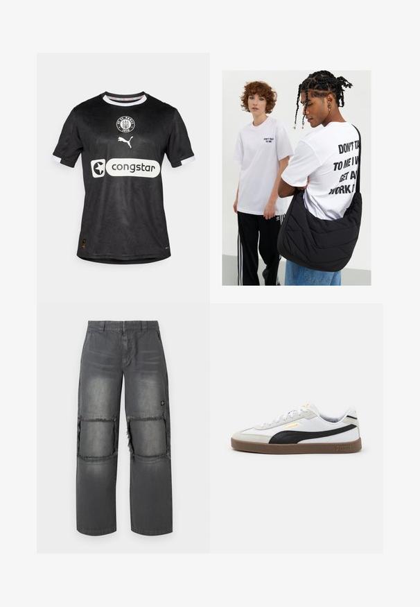 Zwart voetbalshirt met een subtiel patroon, witte accenten op de mouwen en de logo's van Puma en Congstar op de voorkant.; Grijze spijkerbroeken met een ontspannen pasvorm, voorzien van versleten kniematten, contrasterende stiksels en een klein logo aan de zijkant.; Witte leren sneaker met zwart suede accent, ronde neus, platte bruine rubberen zool en een gegraveerd gouden logo aan de zijkant. Veters en gevoerde kraag.; Zwarte, gewatteerde schoudertas met een zachte textuur, gedragen door een persoon in een wit T-shirt met een grafisch ontwerp en vette tekst. Casual outfit met denim.