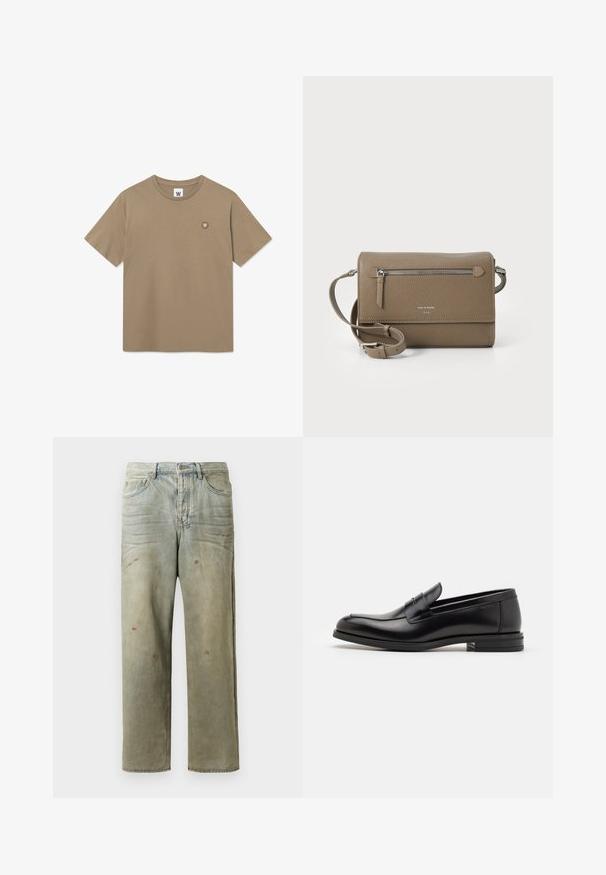 Dzeltena īsām piedurknēm T-kreklu ar nelielu apaļu logo uzšuvumu, kurā ir balts "W" kreisajā krūtī.; Izsistās džinsās gaisā zaļā krāsā, ar taisnu kāju, piecu kabatu dizainu un nevienmērīgu izbalēšanu, kā arī krāsas šļakatas.; Melnas ādas kurpes ar gludu tekstūru, noapaļu purngalu un dekoratīvu siksniņu pāri priekšpusei. Zems sakrauts papēdis, minimālisma dizains.; Taupe krāsas ādas pleca soma ar rāvējslēdzēja priekšējo kabatu, regulējamu siksnu, akmens tekstūru un iegravētu logo priekšpusē.