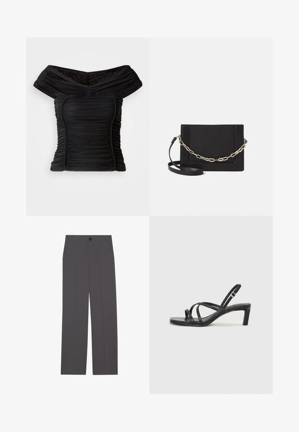 Must mustertekk, millel on rüüti detailid, keha lähedane siluett ja tekstuuriga kangas. Lühikesed varrukad ja õrn sära.; Hallid hallid püksid otse jala lõikega, millel on kaks küljetaskut ja nööbisahtel. Sile kangas ilma nähtavate mustrite või aktsentideta.; Mustast rihmajalatsid ruudukujulise varba ja madala ploki kontsaga. Omab mitmeid õhukesi rihmasid ja reguleeritavat pahkluu rihma. Valmistatud siledast nahast.; Mustast nahast õlakott, mis omab siledat tekstuuri, ristküliku kuju ning esiküljel metallketi detaili. Reguleeritav rihm on kaasas.