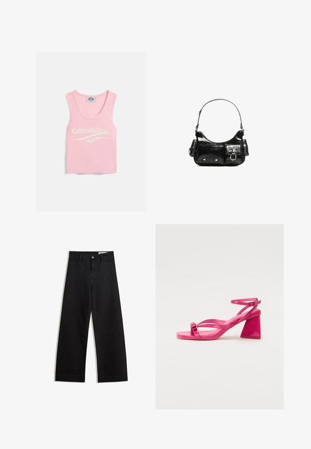 Rózsaszín bordázott ujjatlan felső, kerek nyakkivágással, az elején fehér szöveggel, amely így olvasható: "Califreakinfornia Juicy".; Fekete, bő szabású farmernadrág magas derékkal, elülső és hátsó zsebekkel, varrott felületekkel és gombos záródással. Sima textúra.; Rózsaszín lakkbőr magassarkú szandál négyzet alakú orral, keskeny pántokkal és geometrikus tömbsarkakkal. Az pánton csat részlet található.; Fekete lakkbőr kézitáska ívelt formával, egy vállpánttal, elülső zsebekkel és ezüstszínű fémrészletekkel.
