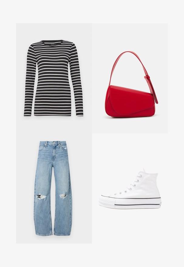 Top negru cu mânecă lungă, cu dungi orizontale albe, guler rotund și design ajustat. Fabricat dintr-un material moale, cu o textură netedă.; Jeans de denim, de un bleu deschis, cu talie înaltă. Au picioare late, două zone rupte la genunchi și un stil clasic cu cinci buzunare.; Adidași albi tip pantofi sport cu glezna din pânză, cu talpă din cauciuc negru, capac de vârf din cauciuc frontal și șase ochiuri pentru șireturi, având un design curat și minimalist.; Geantă de mână din piele roșie, cu un design unghiular și geometric. Dispune de o singură curea ajustabilă și un sistem de închidere cu clapetă, cu detalii cusute.
