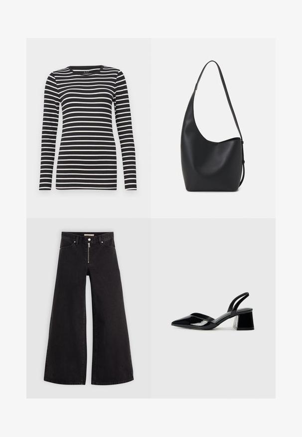 Top negru cu mânecă lungă, cu dungi orizontale albe, guler rotund și design ajustat. Fabricat dintr-un material moale, cu o textură netedă.; Jeans cu picioare largi din denim negru, cu fermoar în față, design cu cinci buzunare și detalii subtile de cusătură. Textură netedă și stil casual.; Pantofi cu toc slingback din piele lacuită neagră, cu vârf ascuțit și toc geometric. Prezintă un design elegant, minimalist și o textură netedă.; Geantă hobo din piele neagră, cu o textură netedă, formă curbată și un singur bretele ajustabil; are o deschidere largă în partea de sus.