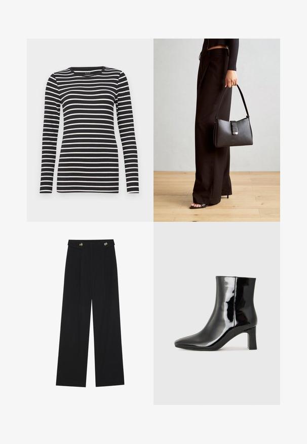 Melnas garām piedurknēm blūze ar horizontālām baltām svītrām, apaļu kakla izgriezumu un pieguļošu piegriezumu. Izgatavota no mīksta auduma ar gludu tekstūru.; Melnas platās bikses ar augstu jostasvietu, pogu detaļām uz jostas un priekšējām krokām.; Melnas patentētas ādas potīšu zābaki ar norādītu pirkstu un vidēja augstuma kvadrātveida papēdi. Gluda tekstūra un minimālisma dizains.; Melnā somiņa ar strukturētu formu, gludu tekstūru un metālu sprādzi. Saskaņota ar platām melnām biksēm un sandālēm ar atvērtu purngalu uz koka grīdas.