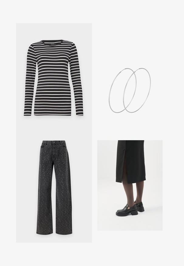 Black long-sleeve top featuring horizontal white stripes, round neck, and fitted design. Made of soft fabric with a smooth texture.; Noisy May NMJANNEL LOOSE - Relaxed fit jeans - black denim; Black leather shoes with a rounded toe, thick block heel, and elastic side accents, paired with dark tights and a black skirt with a slit.; Silver hoop earrings with a minimalist design. Circular shape, smooth texture, and thin profile. Lightweight with a polished finish.