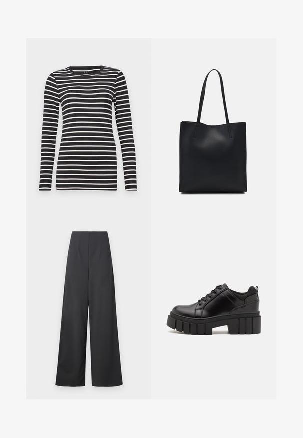 Schwarzes Langarmoberteil mit horizontalen weißen Streifen, Rundhalsausschnitt und enganliegendem Schnitt. Hergestellt aus weichem Stoff mit glatter Textur.; Hochtaillierte, weit geschnittene Hose aus dunkelgrauem Stoff mit glatter Textur. Verfügt über keine sichtbaren Taschen oder Verzierungen.; Schwarze Lederplateauschuhe mit klobigem Blockabsatz, runder Zehenpartie und traditionellem Schnürdesign. Verfügt über eine glatte Textur und minimale Details.; Schwarze Laptoptasche aus Leder mit glatter Textur, rechteckiger Form und zwei langen Griffen. Keine sichtbaren Beschläge oder Verzierungen.