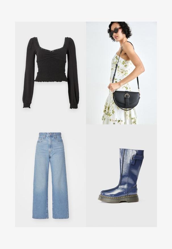 Fekete, hosszú ujjú felső négyzet alakú nyakkivágással, smockolt textúrával és csipke díszítéssel. A fodros szegély és mandzsetta egy feszes fazont mutat.; Világoskék, magas derekú, bő szárú farmernadrág, elülső gombbal és cipzárral, elülső és hátsó zsebekkel, fehér háttérrel.; Kék, fényes, térd fölé érő csizma lekerekített orral, oldalsó cipzárral és függőleges varrásokkal. Vastag, fekete platformtalppal rendelkezik, sárga varrásokkal.; Fekete bőrtáska ívelt formával, levehető pánttal és arany színű fémrészekkel. A táskán egy csattal díszített fedél található.