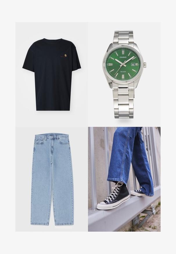 Carhartt WIP AMERICAN SCRIPT - T-shirts basic - air force blue; Lyseblå denimjeans med straight leg-design, der har en mid-rise talje, fem lommer og en lukning med knap og lynlås.; Sorte høj-top sneakers med hvid sål og snørebånd, parret med løse blå denimjeans, hvilende på et gråt gelænder.; Sølv rustfrit stålarmbåndsur med en rund grøn urskive, sølvfarvede timeindekser, datovisning og et metal link armbånd. Vandresistent op til 50 meter.