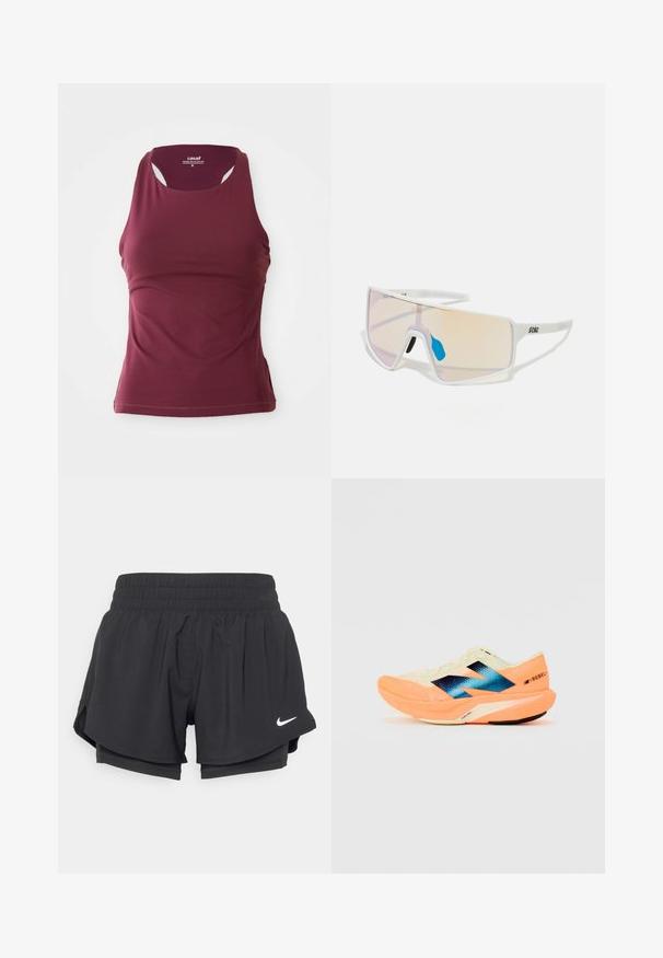 Bordeaux sporttanktop gemaakt van rekbaar materiaal. Heeft een ronde halslijn, brede schouderbanden en een getailleerd ontwerp.; Zwarte sportshorts met een elastische tailleband, binnenvoering en zijsplitten. Voorzien van een wit Nike-logo aan de voorkant links.; Hardloopschoen met een lichtgewicht crèmekleurige bovenkant, blauwe branding en oranje accenten op de zool. Mesh textuur voor ademend vermogen.; Witte, omrande zonnebril met grote, gradient glazen die een tint van roze naar lichtoranje hebben, aangevuld met een blauwe neussteun en logo-details.