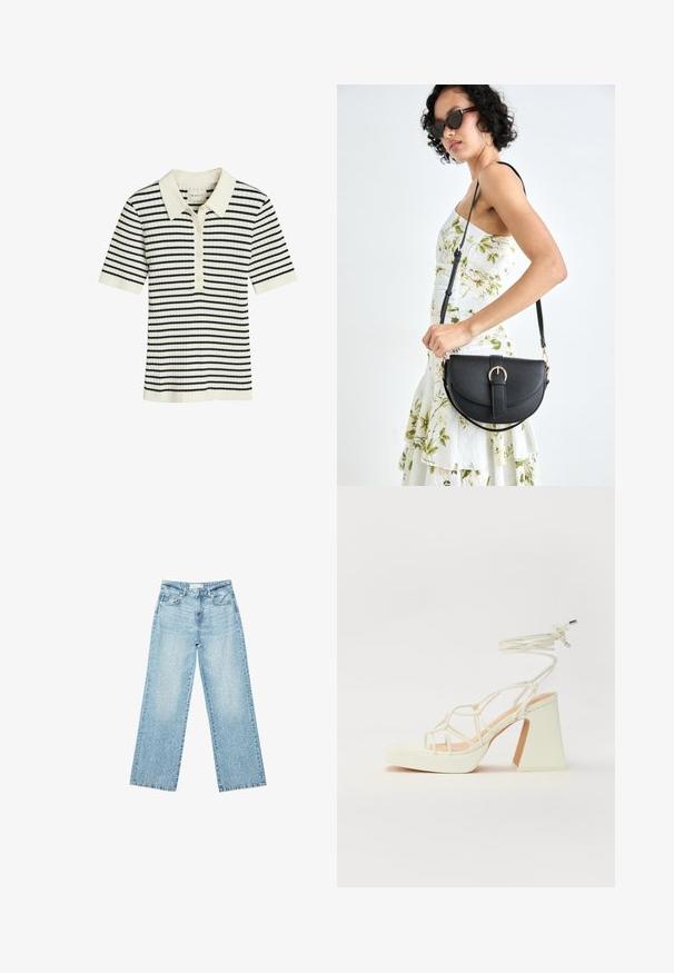 Stribet polo shirt i creme og marineblå, ribbet tekstur, korte ærmer, knaplukning og et klassisk kravedesign.; Lyseblå denim bukser med bred benvidde og høj talje, præget af en falmet vask og små, spredte slidte detaljer overalt.; Hvide højhælede sandaler med en kraftig hæl, der har et stropdesign og ankelbinding. Glat tekstur med en platform foran for ekstra højde.; Sort læderhåndtaske med en buet form, aftagelig rem og guldfinish. Tasken har en klap med en spænde detalje.