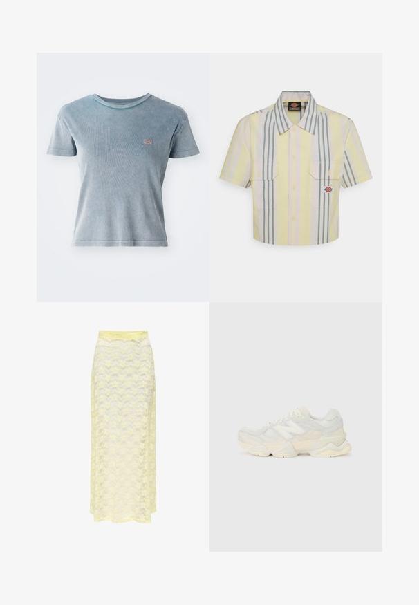 Gaiši zils īsām piedurknēm T-krekls ar ribotu tekstūru. Iekļauts neliels logo uzplecs krūškurvja daļā. Apaļa kakla izgriezums un pieguļoša piegriezums.; Izgriezta īsām piedurknēm krekls gaiši dzeltenā krāsā ar vertikālām zaļām un pasteļtoņu svītrām. Iezīmē divas krūšu kabatas un logo uzšuvumi uz kreisās kabatas.; Dzeltena mežģīņu maksi svārki ar viļņotu rakstu, ar gludu jostu un maigu, caurspīdīgu tekstūru. Izstrādāti plūstošam siluetam.; Vieglas sporta apavus ar sieta un zamšādas augšdaļu maigos krēma tonī, ar masīvu zoli un trīsdimensionāliem akcentiem.