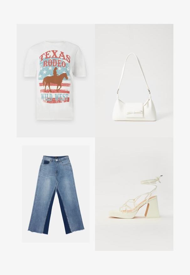 Valge puuvillane T-särk, millel on kauboi hobusel, punase ja sinise "Texas Rodeo Wild West" graafik, kulunud tekstuur ja tähe taust.; Heledad sinine laiemate jalgadega teksapüksid kontrastsete tumedate siniste paneelidega, lõhikud allääres ja tavaline talje metallnupuga kinnitamiseks.; Valged kõrge kontsaga sandaalid, millel on paks konts ja rihmadega disain koos pahkluu sidumisega. Sile tekstuur ja platvorm ees, et lisada kõrgust.; Valge sünteetilisest materjalist kott kolmnurkse kujuga, lame esiklapiga ja kaaredetailiga, reguleeritava rihmaga, sileda tekstuuriga ja minimalistliku disainiga.