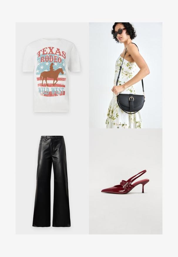 Balta medvilninė marškinėliai, kuriuose pavaizduotas cowboy ant arklio, su raudona ir mėlyna "Texas Rodeo Wild West" grafika, nusidėvėjusia tekstūra ir žvaigždžių fono.; Juodos aukšto juosmens plačios kojų dirbtinės odos kelnės su priekiniais mygtukais, užtrauktuku, diržo kilpomis ir šoninėmis kišenėmis ant balto fono.; Raudoni blizgūs odiniai bateliai su atviru kulnu, smailiu nosiu, dviem užsegimais ir plonu, vidutinio aukščio stiletto kulnu. Lygus paviršius.; Juodas odinis krepšys su išlenkta forma, nuimamu dirželiu ir auksiniais detalėmis. Krepšys turi kilpą su sagtimi.